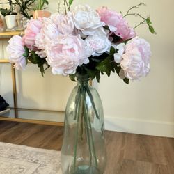Faux Peonies & Garden Roses Flowers in Large Glass Vase