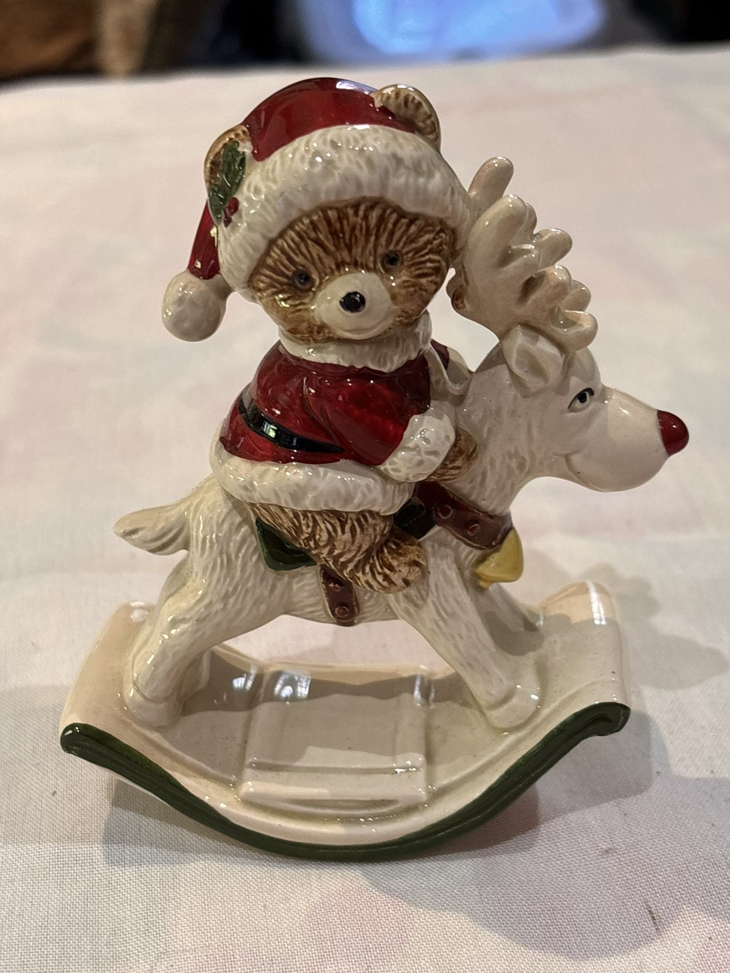 Christmas decor painted porcelain santa bear on reindeer rocking horse