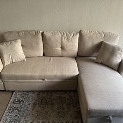 Beige Sectional Sofa w/ Chaise + Storage Ottoman – Great Condition
