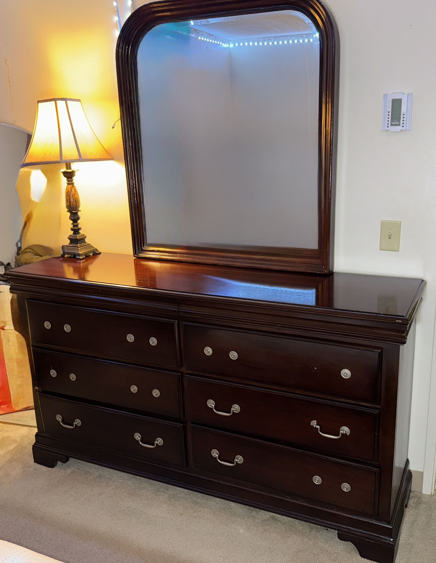 Large Wood Dresser with Mirror + Free Lamp