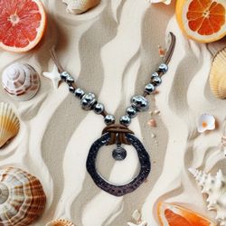 Bohemian Ring Pendant Chocker Necklace 11” Drop 2 “ Ext. Waxed Rope Lobster Hook