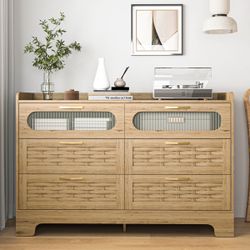 6-Drawer Wood Dresser with Glass Panel Doors