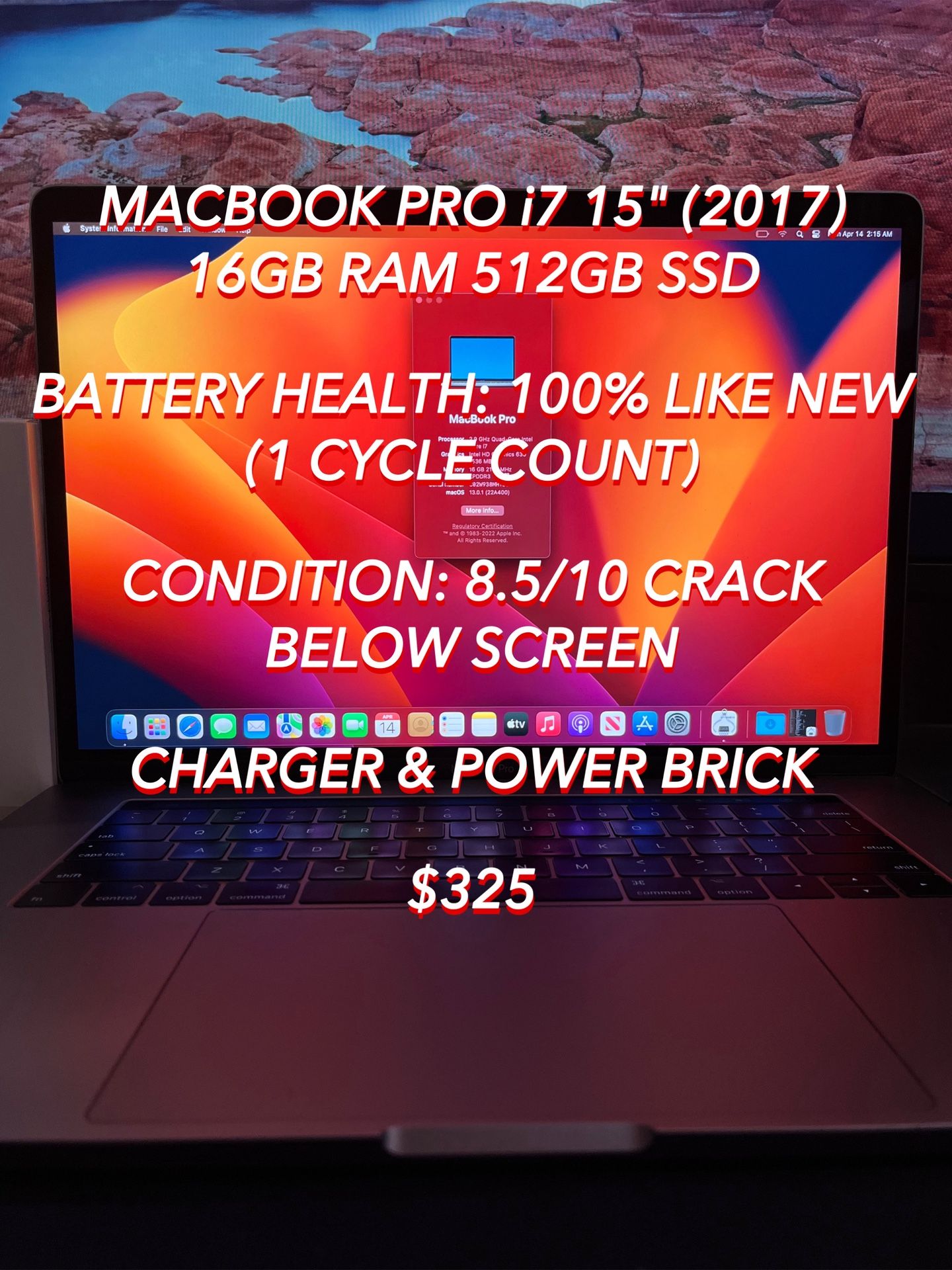 Apple MacBook Pro i7 Chip 15” (2017) 16GB RAM/512GB SSD Used 100% HEALTH Authentic