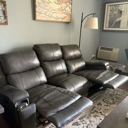 Grey Leather Reclining Couch & Recliner Chair