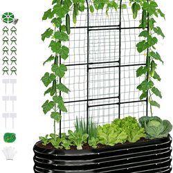 2 in 1 Galvanized Raised Garden Bed, 1Pcs Garden Planter Box with 71" H Trellis for Climbing Plants, Outdoor Gardening Raised Beds with Climbing Net f