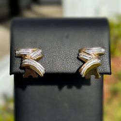 Jewelry 10k hollow two tone yellow gold Z stud clip diamond cut earrings 3.10g