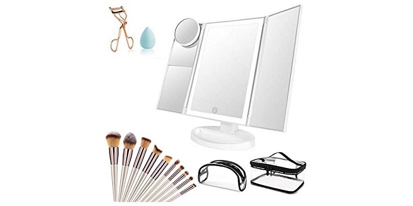 Makeup Vanity Mirror with Lights, 36 LED Trifold Cosmetic Makeup Mirror, 2x 3x 10x Magnification 180° Rotation Dual Power Supply 10 Makeup Brushes Se