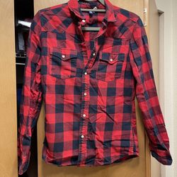 H&M Divided Women's Black and Red Flannel Checkered Long Sleeve Shirt XS Snap Closure
