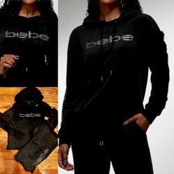 Bebe rhinestone NWT Y2K Black Velour ICONIC Logo Bling hooded loungewear set M