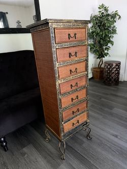 Ornate 7-Drawer Storage / Chest with Woven Panels & Decorative Metalwor