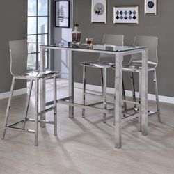 GLAM GLASS TOP CHROME BAR TABLE CLEAR ACRYLIC CHAIRS 5 PIECE DINING SET - COMEDOR ALTA BARRA