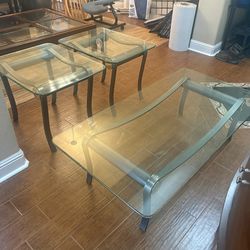 Glass Coffee Table and 2 End Tables with Metal Legs