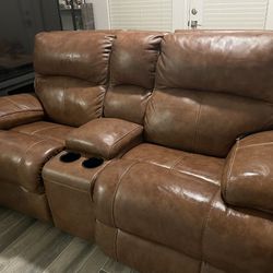 Brown / Caramel Genuine Leather Electric Theatre Recliner Sofa  