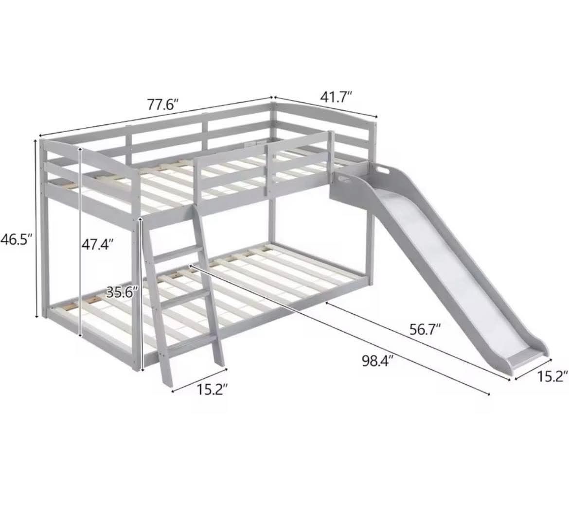 JOYMOR Bunk Bed with Curved Slide, Low Bunk Bed Twin Over Twin with Slide and Angled Ladder, Solid Pine Wood Frame,14" Safety Guardrail, Anti-Slip Ste