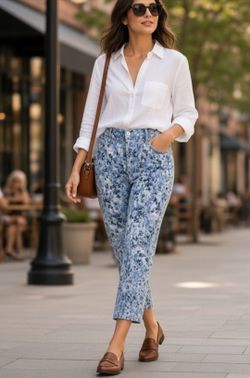 Gloria Vanderbilt Amanda Women’s Size 10 Floral Print Denim Capri Jeans Stretch. These are the Gloria Vanderbilt Amanda Capri Pants in a blue and whit