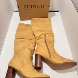Coutgo Womens Knee High Boots Square Toe Chunky Block Heel Side Zipper Faux Suede Long Boots Fall Winter Shoes