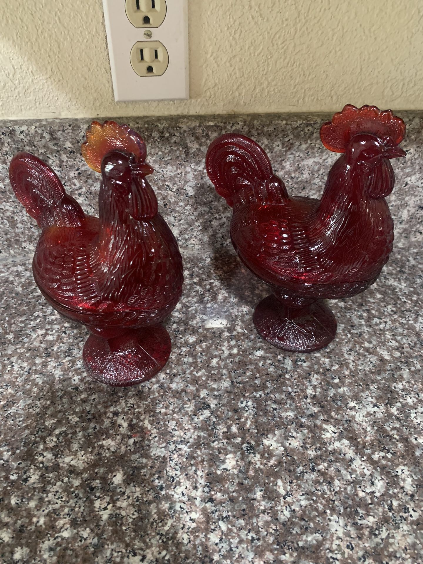 2 Vintage Red Ruby Glass Rooster Candy Dish