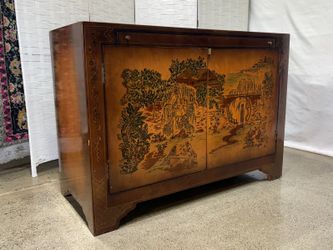 ETHAN ALLEN Vintage Hollywood Regency Chinoiserie Stereo Bar Cabinet, Hand Painted Pleasure Garden