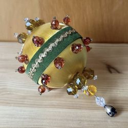 Vintage Handmade Multicolor Beaded Push Pin Satin Christmas Ornament 