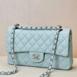 Light blue gold buckle C chip open Leather Crossbody Bag