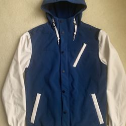 Fleece Lined Waterproof Full Zip Button Snap On Blue White Colorblock Varsity Bomber Jacket Size Sz Men’s Medium M Tall MT New NWOT 