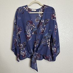 Millibon Blue Floral Flare Sleeves V-Neck Top, Sz Large