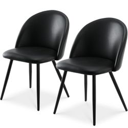 Faux Leather Dining Chairs Set of 2, Modern Accent Chair Lounge Side Chair, PU Upholstered Seat and Backrest Vanity Chair with Metal Legs for Kitchen,