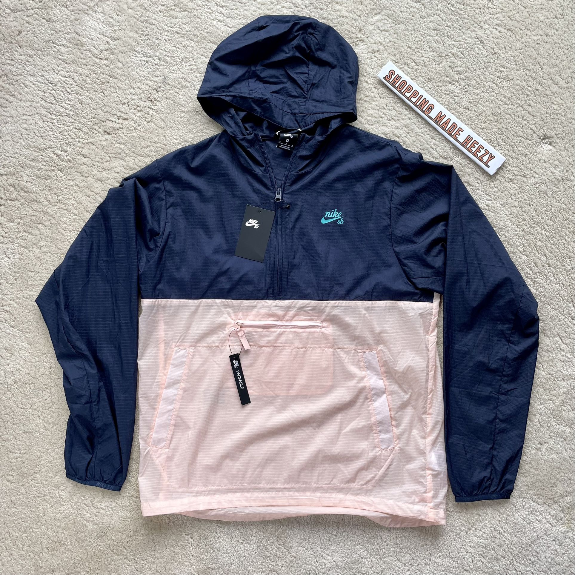 [M] Nike Mens SB Anorak 1/2 Zip Packable Hooded Windbreaker Jacket Blue Pink