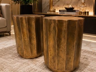 Pair of Modern Brass Fluted Metal Drum Side Tables – Set of 2