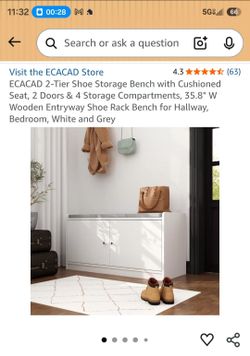 ECACAD 2-Tier Wooden Shoe Storage Bench with Cabinet Doors