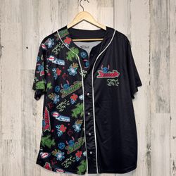 Disney Stitch Baseball Jersey Shirt XL  Black Multicolor Split Graphic Button Fr