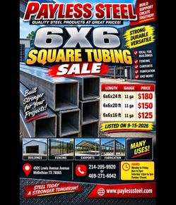 6x6x24ft steel tubings only $180