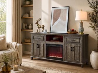 70" Gray Fireplace TV Stand with Heater, LED Lights, Picture Frame Molding, Adjustable Shelved Cabinets, Drawers & Open Storage Shelf