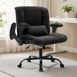 Criss Cross Chair with Flip Arms, Wide Cross Legged Chair with Lumbar Support, Chenille Office Chair with Wheels, 360° Swivel Desk Chair for Home Offi