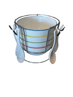 Ceramic Bowls with Colorful Stripe Accents and Spoon Set