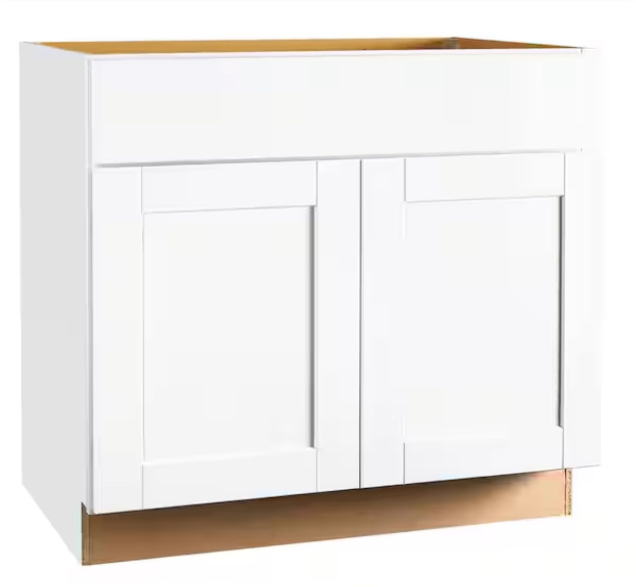 Hampton Bay Shaker 36 in. W x 24 in. D x 34.5 in. H Assembled Sink Base Kitchen Cabinet in Satin White