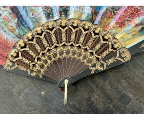Vintage Spanish Folding Hand Fan with Black Lace & Bullfight Scene