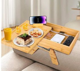 3075: New Couch Arm Table for Wide Sofa, 3 in 1 Folding Clip on Side Table with 360 Swivel Phone Holder and Storage Box, Wood Couch Tray Flexible Cup 