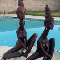 Pair of Vintage Hand Carved Woman Statue Sculptures 