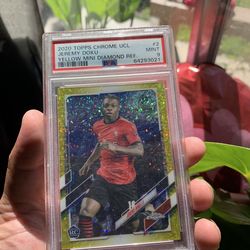 2020 Topps chrome UCL Jeremy Doku yellow mini Diamond refractor PSA 9 ROOKIE /299