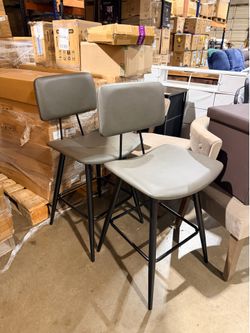 24.5 in. H Gray Metal Counter Height Bar Stools Curved Seat Faux Leather Barstools Set of 2