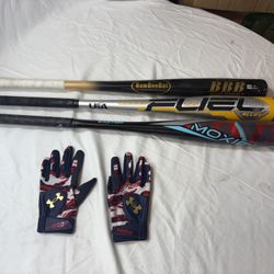 3 Baseball Bats And 1 Pair Batting Gloves, Little League Approved