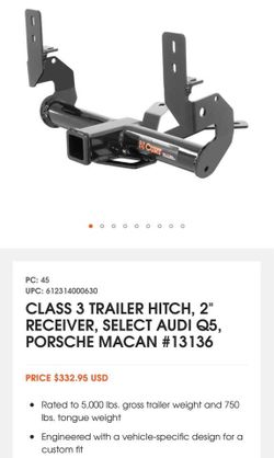 CLASS 3 TRAILER HITCH, 2" RECEIVER, SELECT AUDI Q5, PORSCHE MACAN #13136