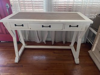 Farm house desk and wicker chair