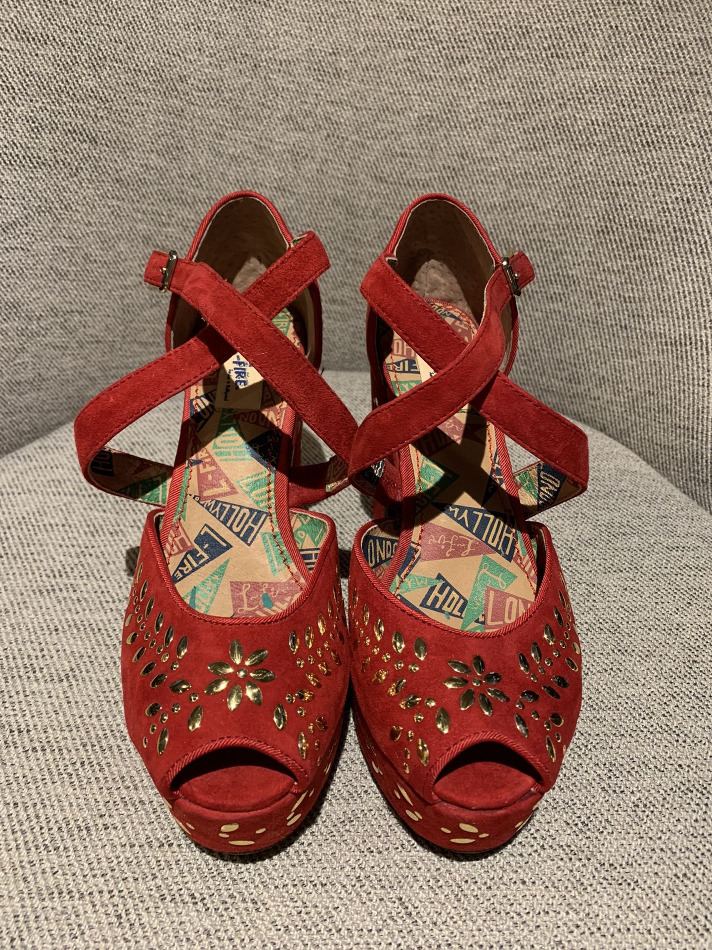 Red And Gold Platform Heels Pumps With Cross Front Buckle Miss L-fire