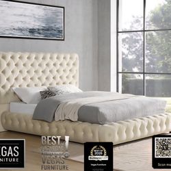 King Bed Frame Beige Velvet 