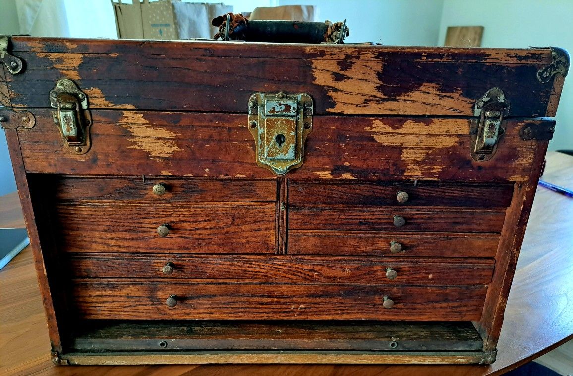 Antique Vintage Machinist Tool Box Chest Jewelry Solid Oak