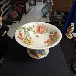 Pedestal Serving Bowl Or Compote Ceramic Floral Pattern, Vanilla Chintz By Maxcera 7.5"H X 13"W SEE DESCRIPTION 