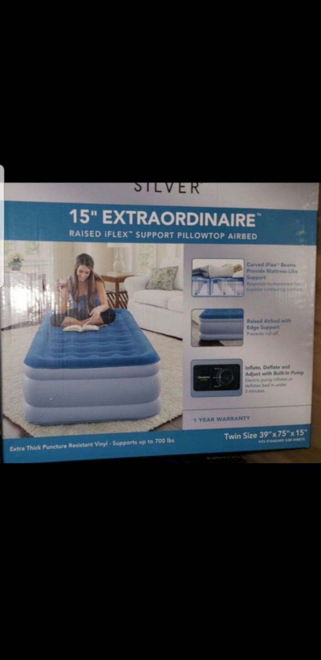 New Beautyrest 15" Silver Extraordinaire Raised iFlex, Pillowtop w/ built-in pump Twin☆Retail $79+ Tax☆