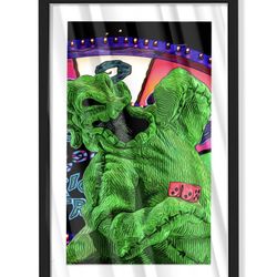 Custom art piece of oogie boogie from nightmare before Christmas in black frame